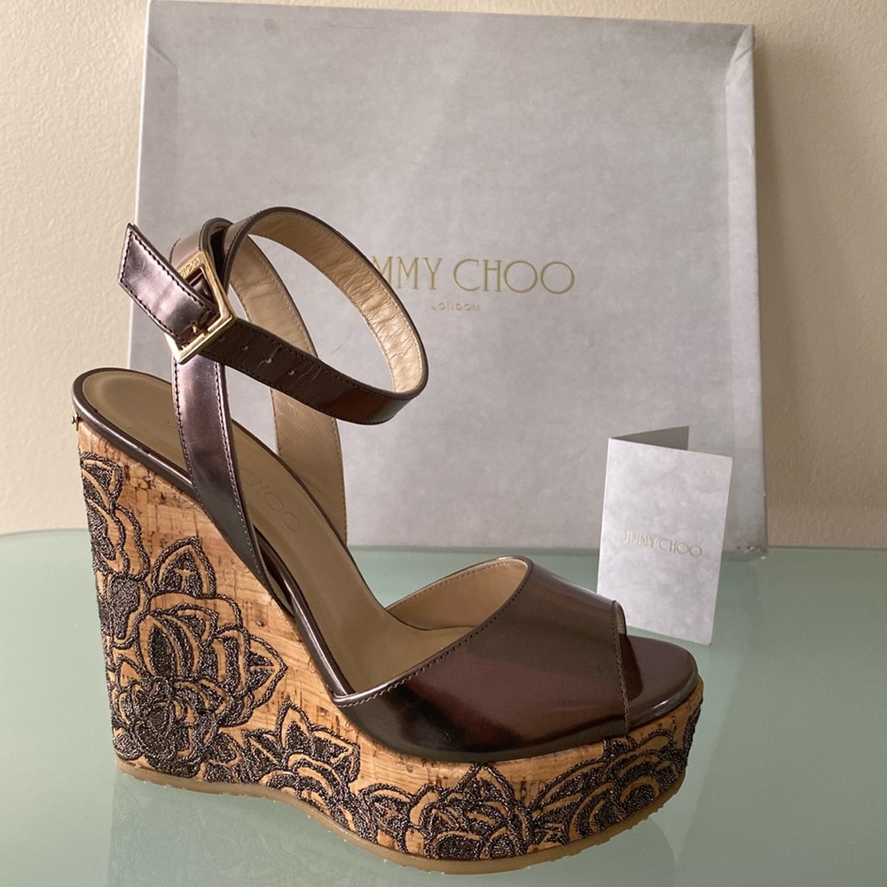 Jimmy Choo Metallic Brown Platform Wedge Sandals with Embroidered Cork